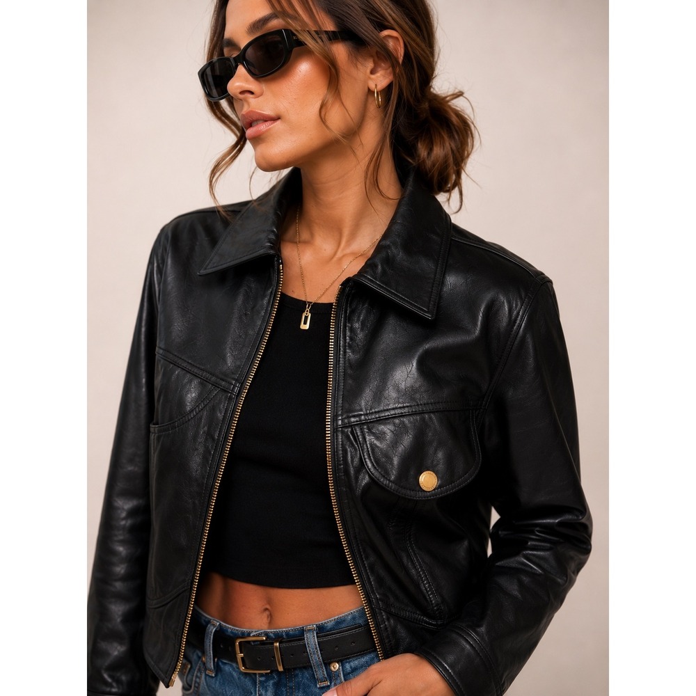 FRAME Leather Heart Jacket Black Cropped Zip Front Leather Jacket XS - Picture 5 of 14